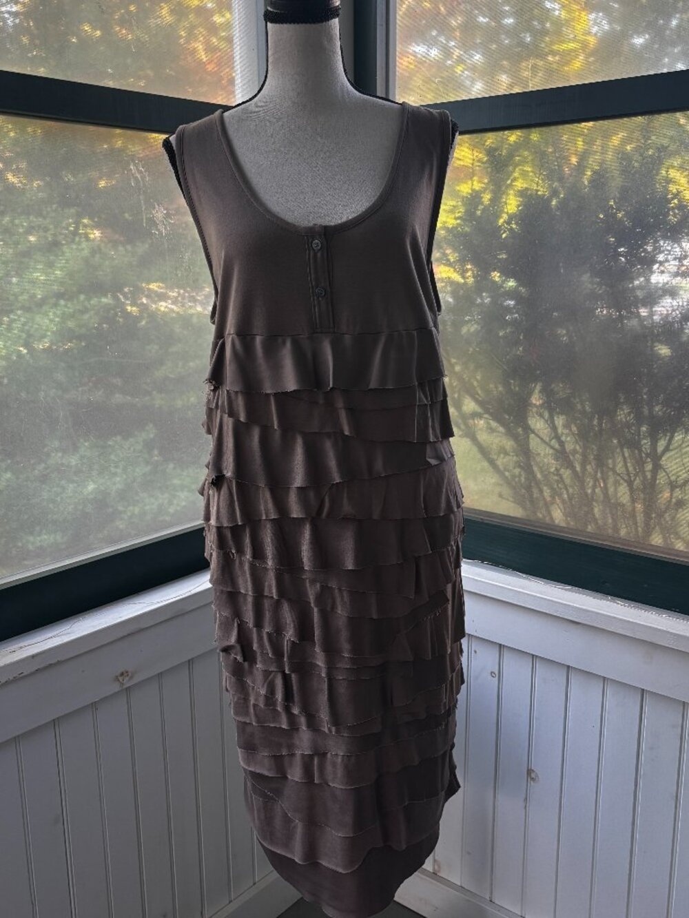 Kenneth Cole Taupe Ruffle Dress Large NWT